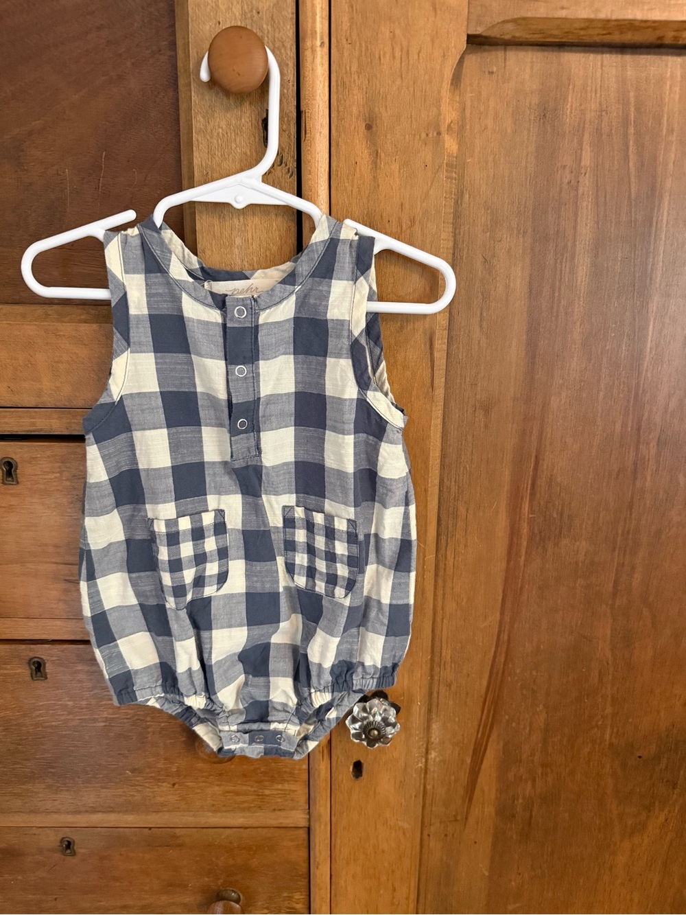Pehr Gingham Check Patch Pocket Organic Cotton Bubble Romper
